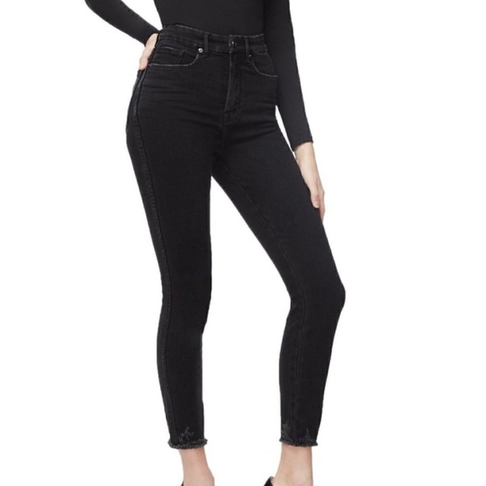 Good American Curve black denim jeans ankle cropped raw hem chewed new 2 26
